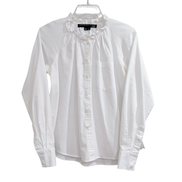 VERONICA BEARD Ruffle Collar Button Down Shirt XS White 100% Cotton Classic - Picture 1 of 9